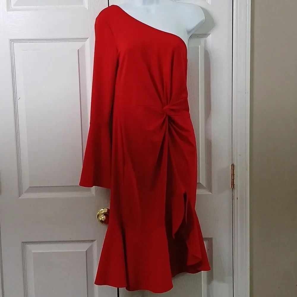 Holiday red one shoulder bell sleeve ruffle hem sexy party Christmas dress Sz L